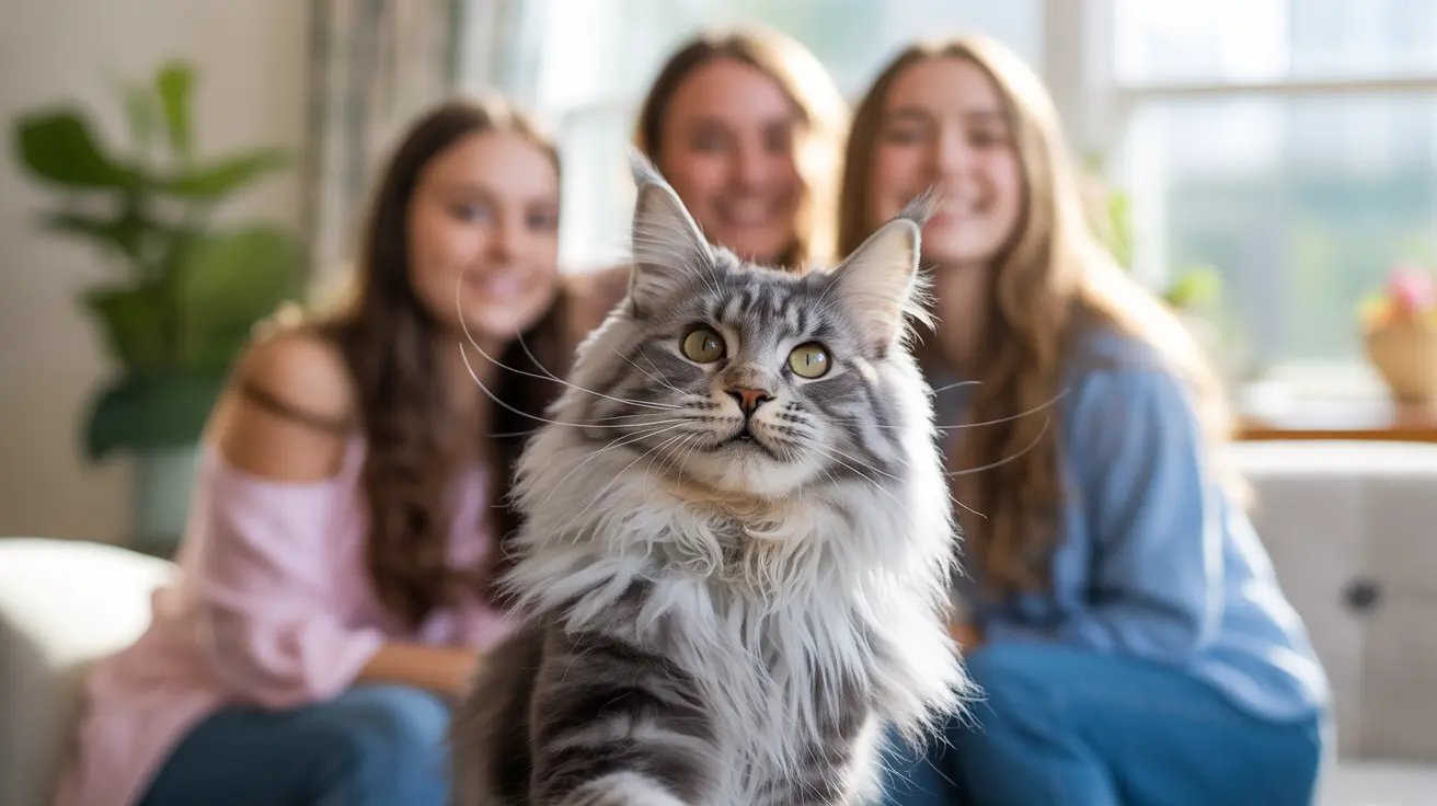A majestic Maine Coon cat sitting prominently in the foreground with three people blurred in the background