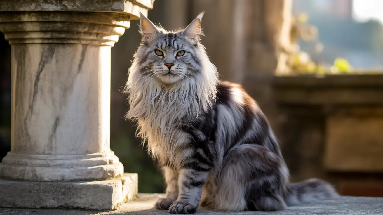 A majestic Maine Coon cat sitting regally next to a marble column in soft, warm light.