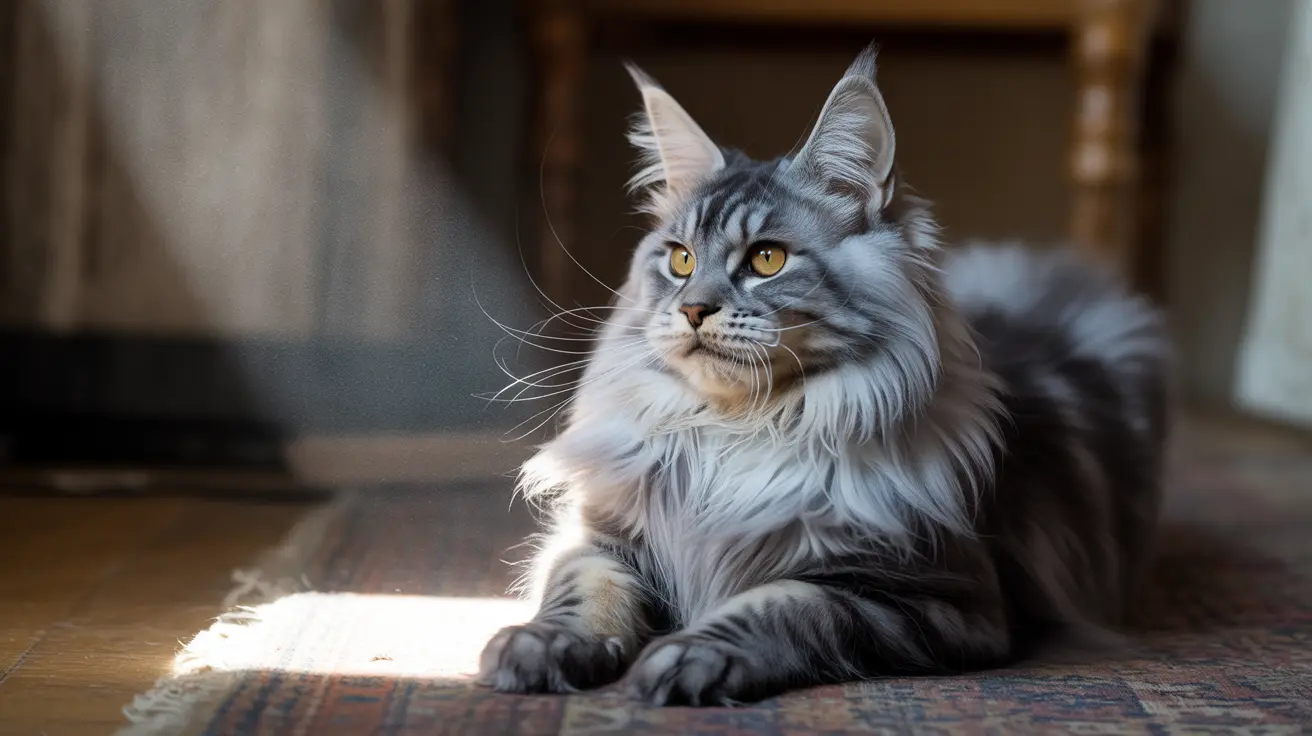 Majestic Maine Coon cat sitting elegantly on a patterned rug with soft, diffused light