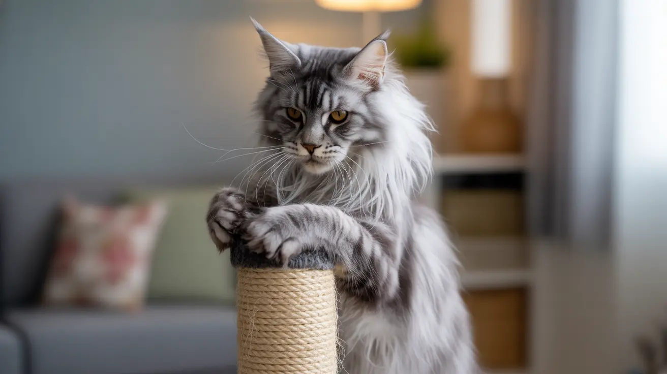 A majestic Maine Coon cat perched on a rope-wrapped scratching post with an intense, regal expression.