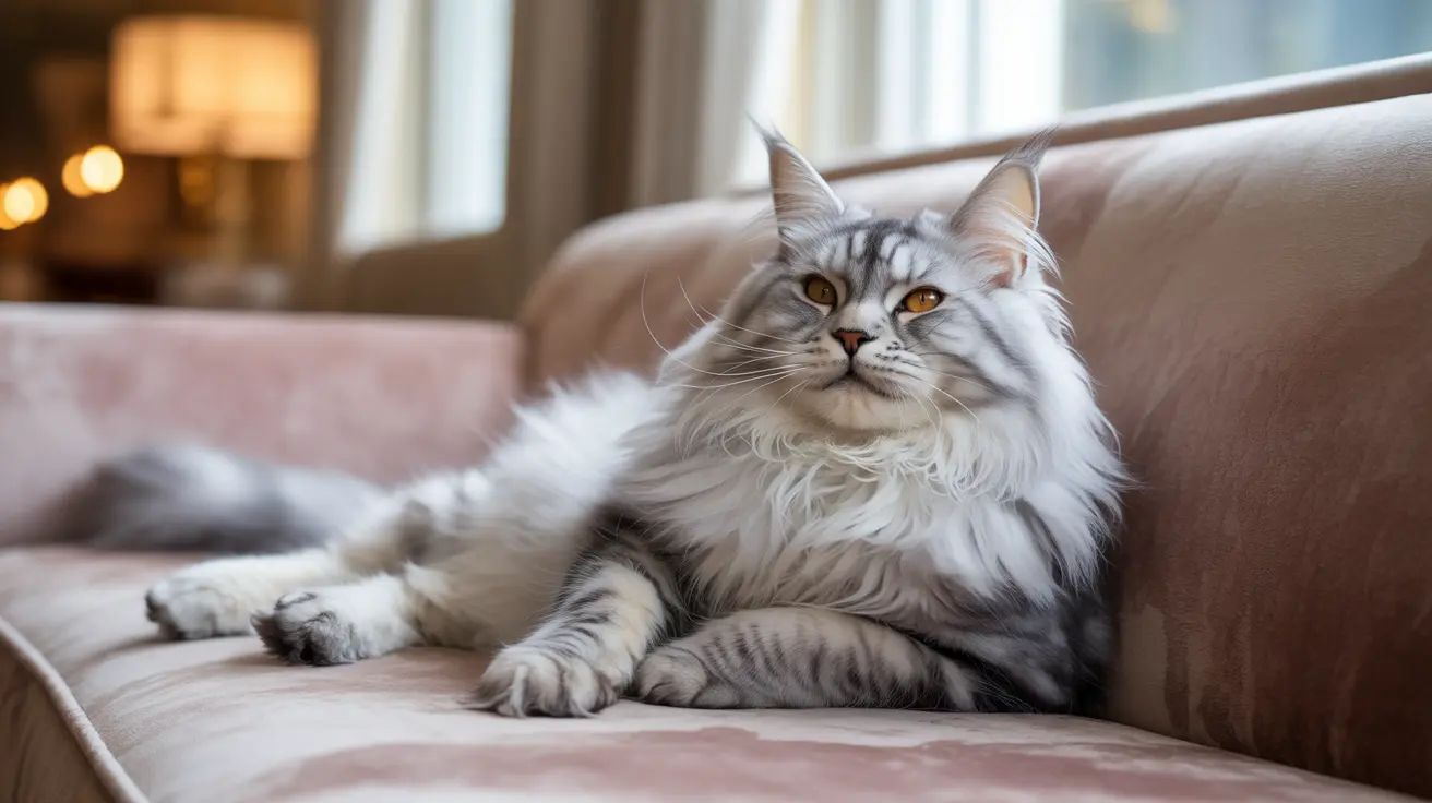 A majestic Maine Coon cat with long, silver and white fur sitting elegantly on a cozy sofa near a window.