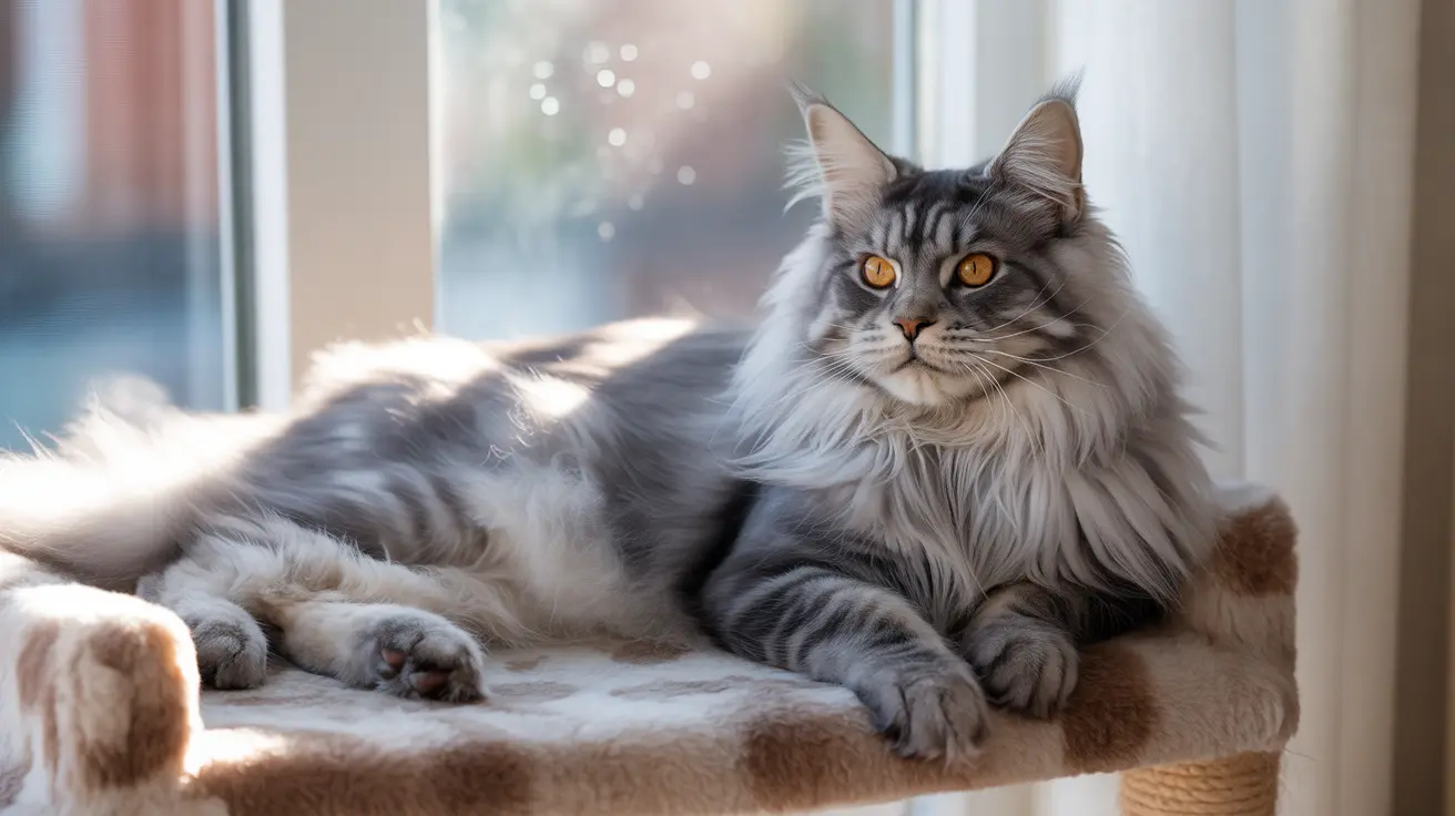 A majestic Maine Coon cat with long silver and gray fur resting on a soft cat perch near a window.