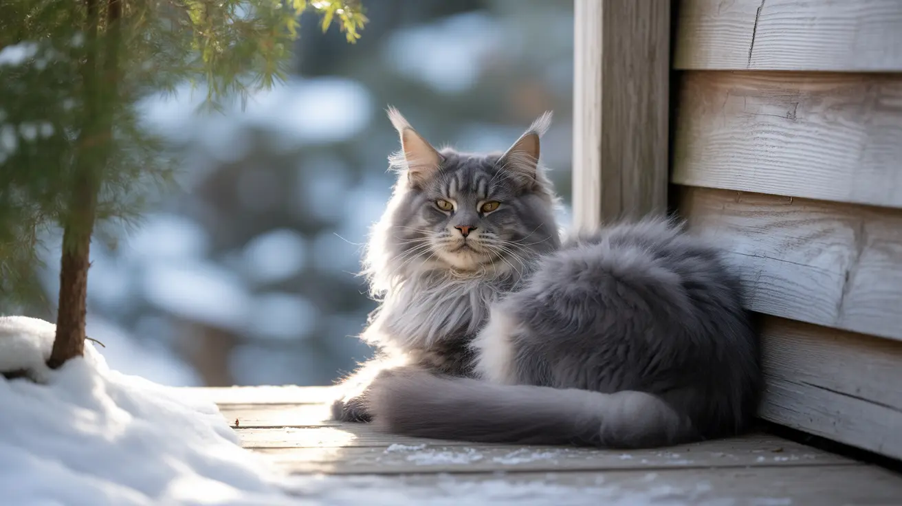 A majestic Maine Coon cat sitting regally on a wooden deck in a snowy winter setting
