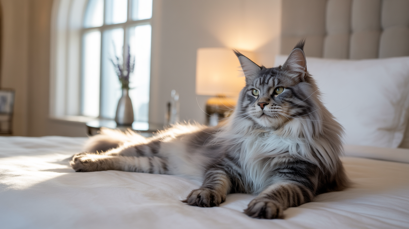 A Maine Coon cat lounges on a plush hotel bed lit by soft afternoon light