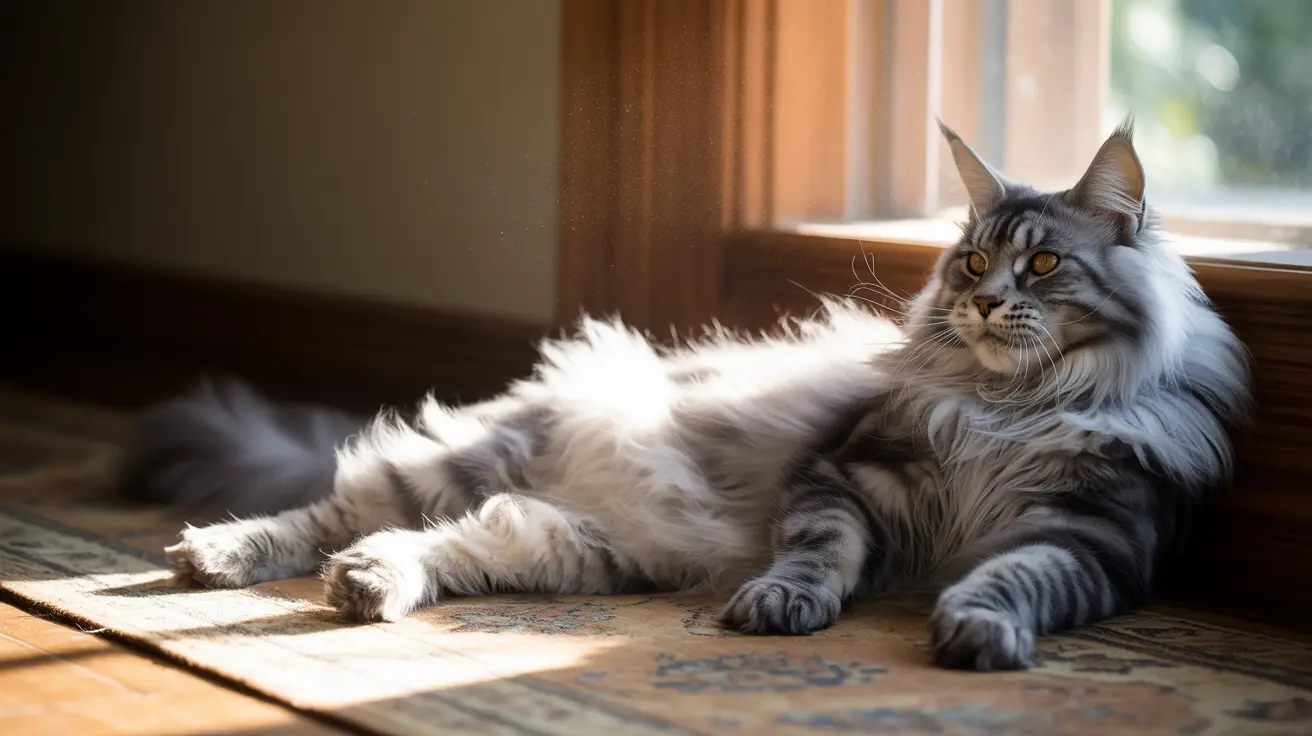 A majestic Maine Coon cat lounging by a window, basking in soft sunlight