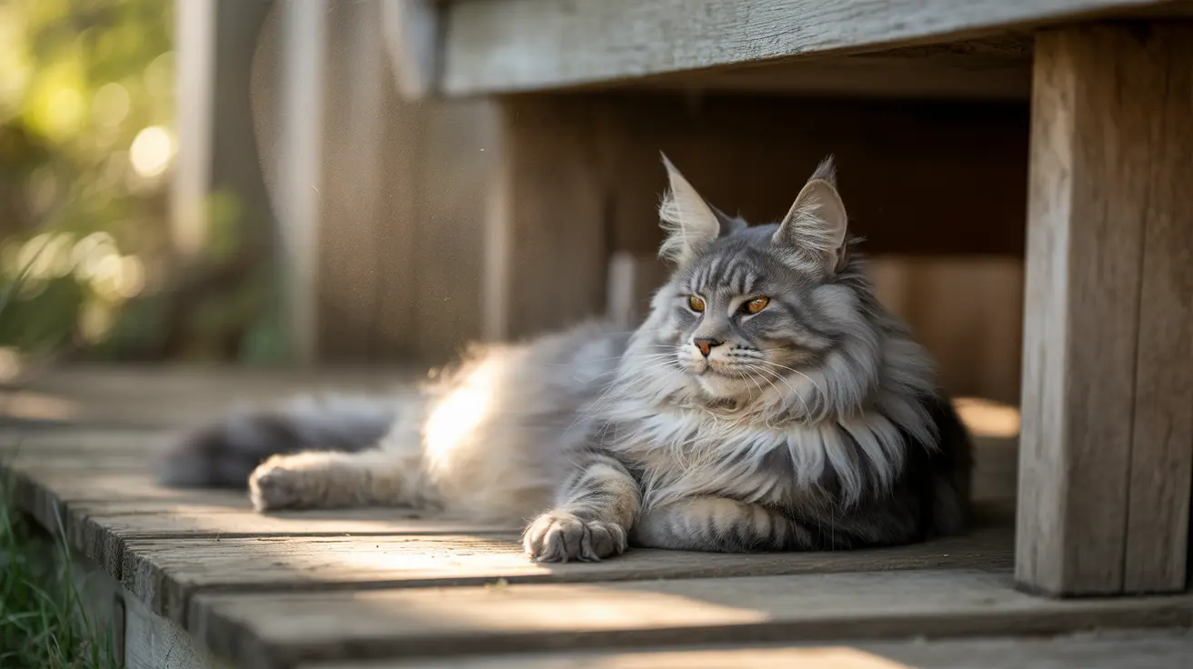 A majestic Maine Coon cat lounging on a wooden surface in soft, warm sunlight