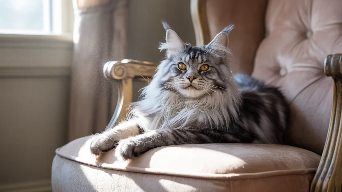 A majestic Maine Coon cat sitting regally on a plush armchair with soft sunlight illuminating its fur.