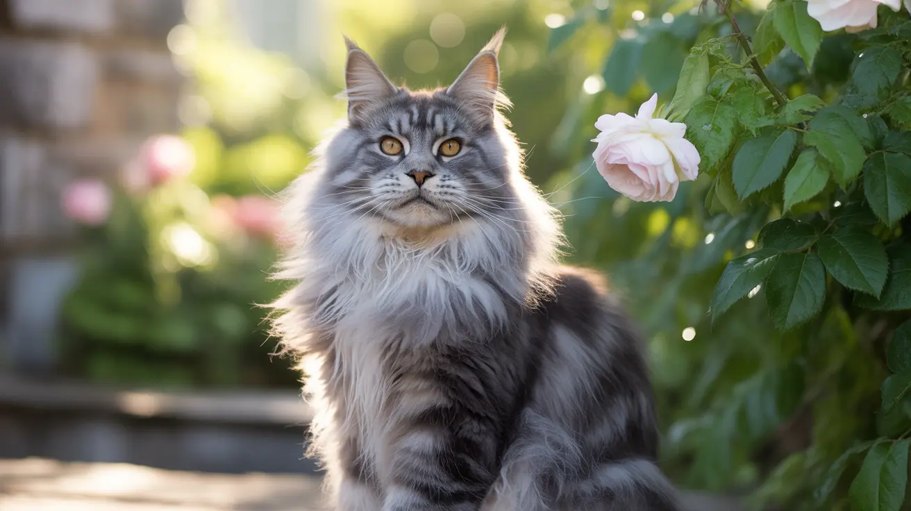 A majestic Maine Coon cat sitting elegantly in a sunlit garden