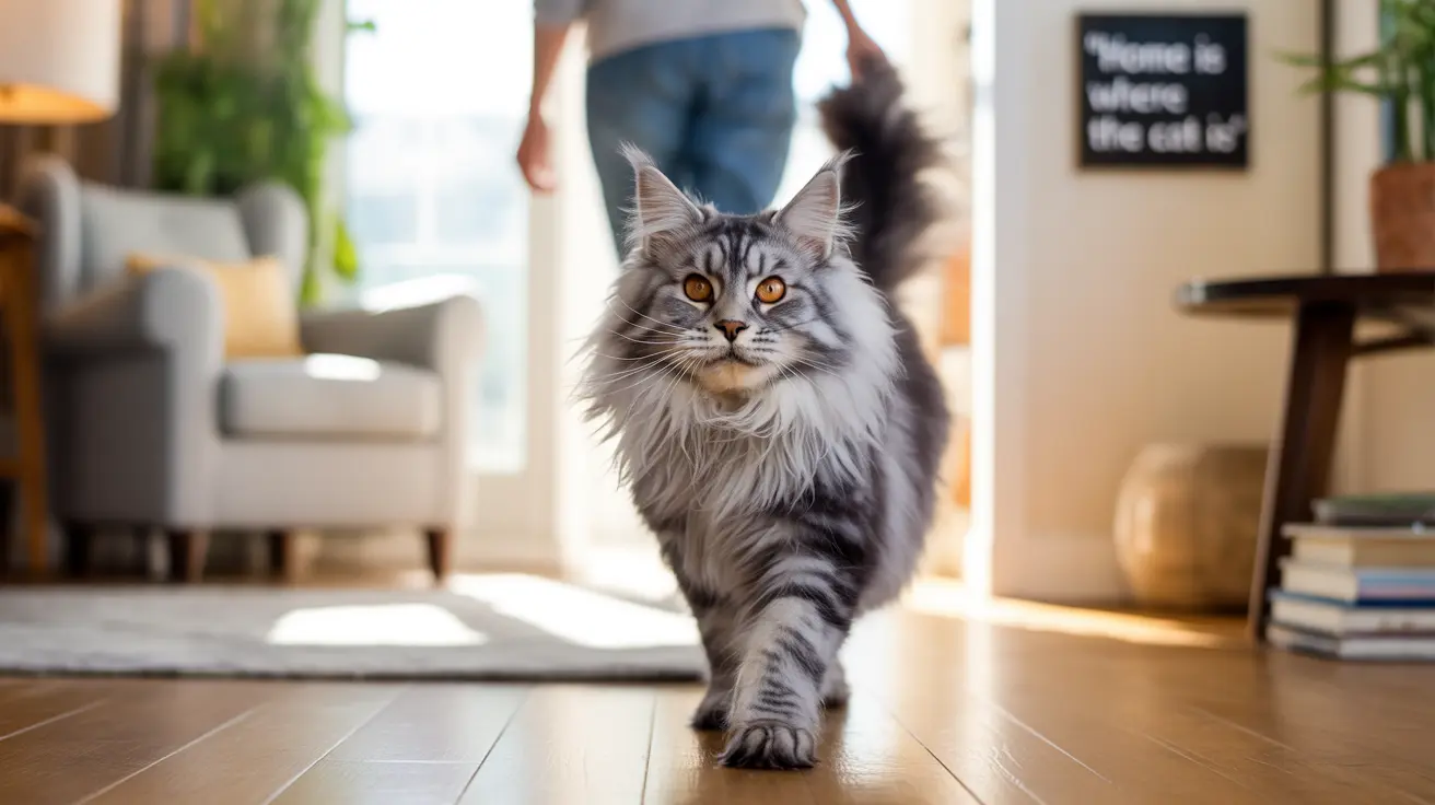 Un majestueux chat Maine Coon marchant avec confiance sur le sol ensoleillé d'un salon