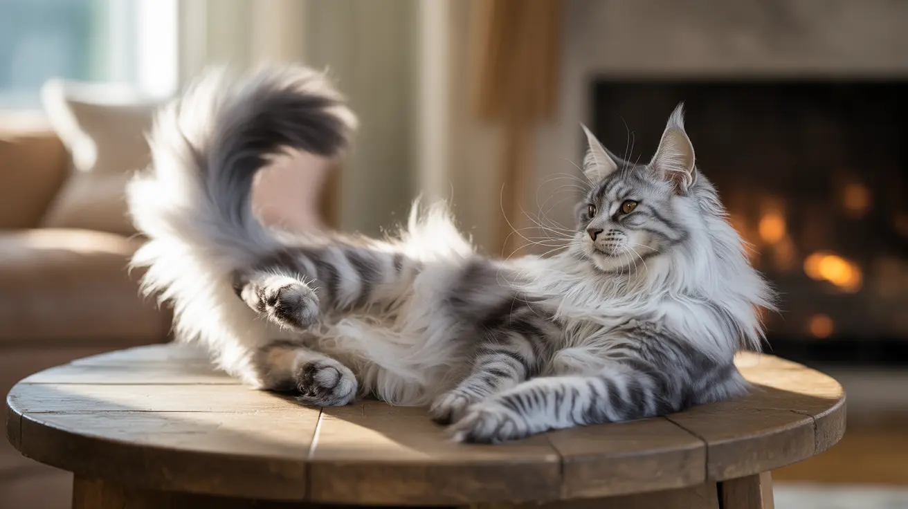 威厳のある銀色と白のメインクーン猫が丸い木製のテーブルの上で快適にくつろいでいる様子