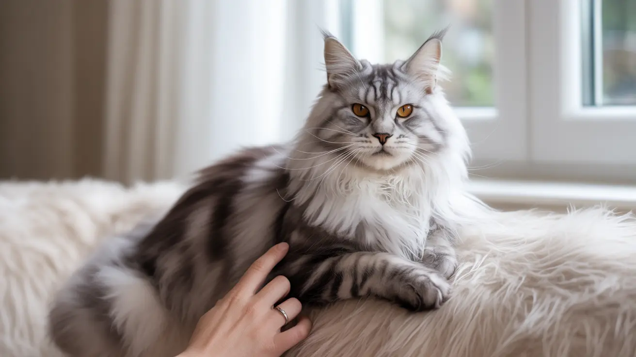 Un gato Maine Coon de pelo largo está sentado majestuosamente sobre una superficie blanca y esponjosa cerca de una ventana.