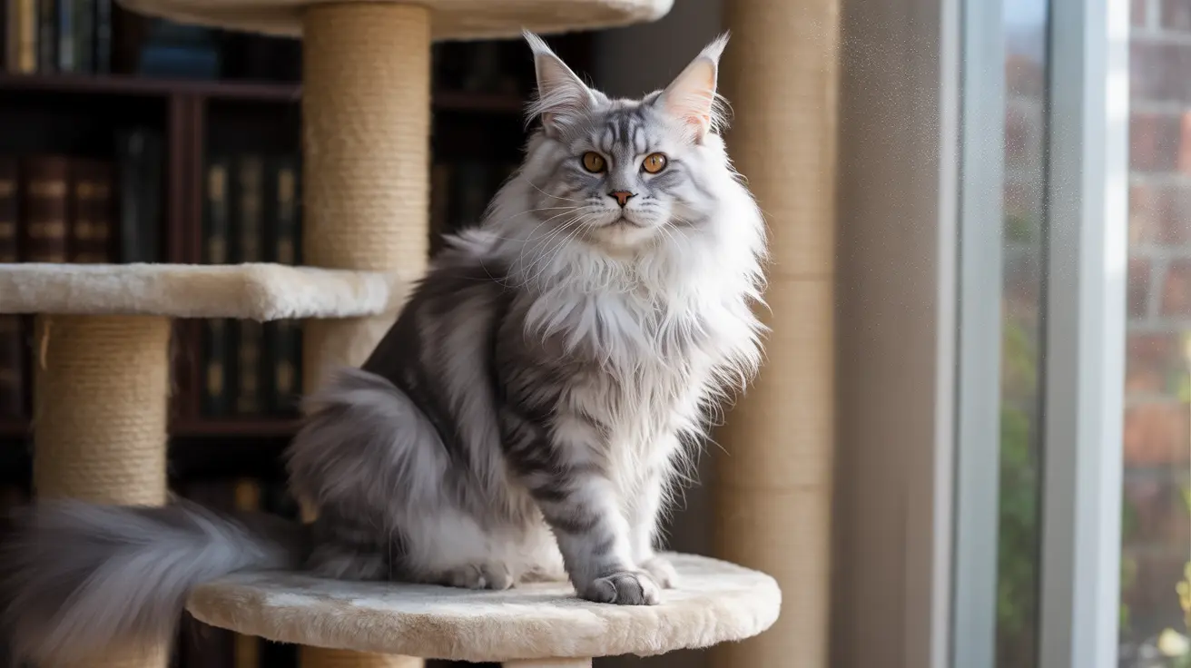 窓辺のキャットタワーに威厳を持って座る、シルバーと白のメインクーン猫