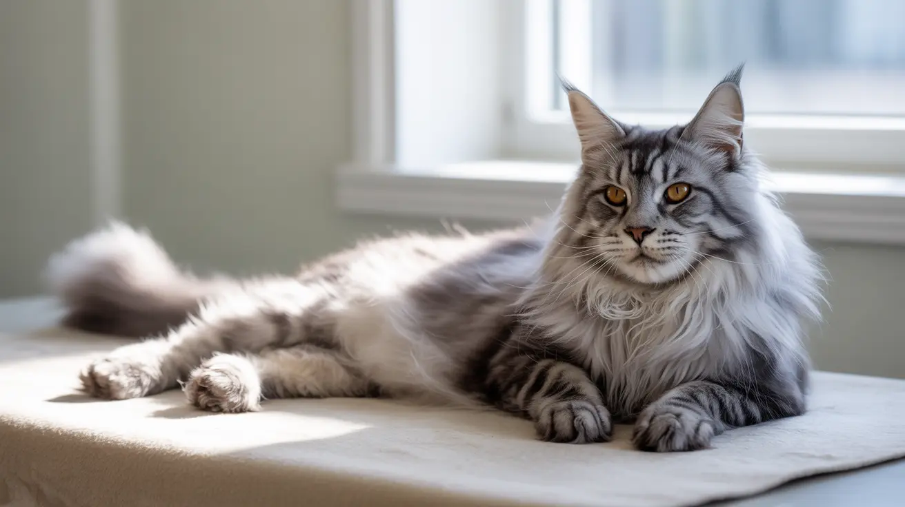 A majestic Maine Coon cat with silver and white fur lounging by a window