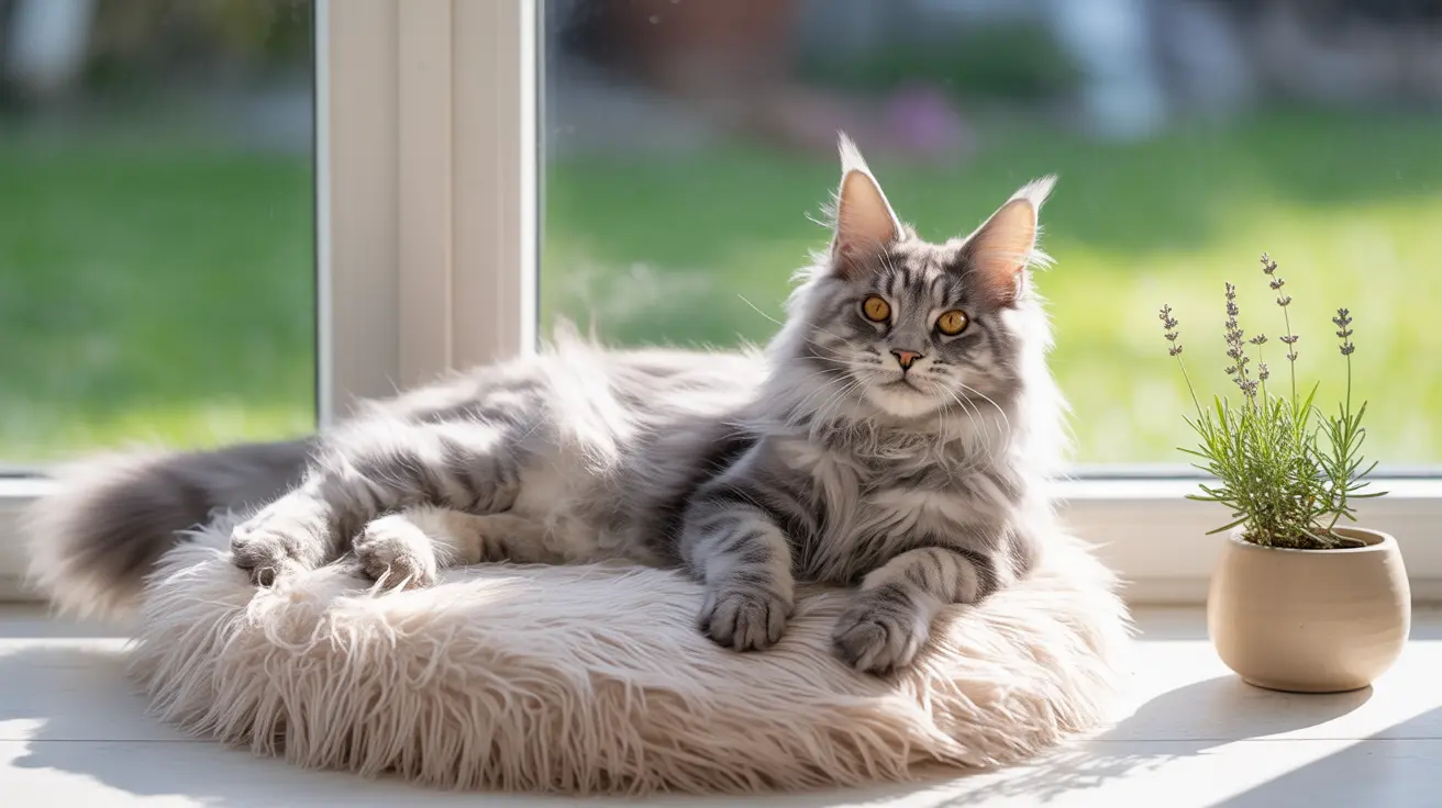 A majestic Maine Coon cat lounging on a fluffy white cushion near a window with a garden view
