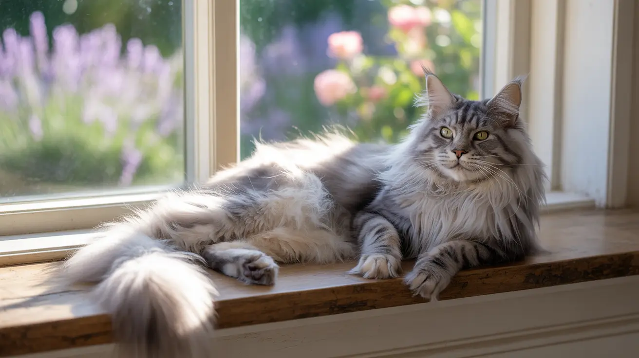 A majestic Maine Coon cat lounging on a windowsill, bathed in soft natural light