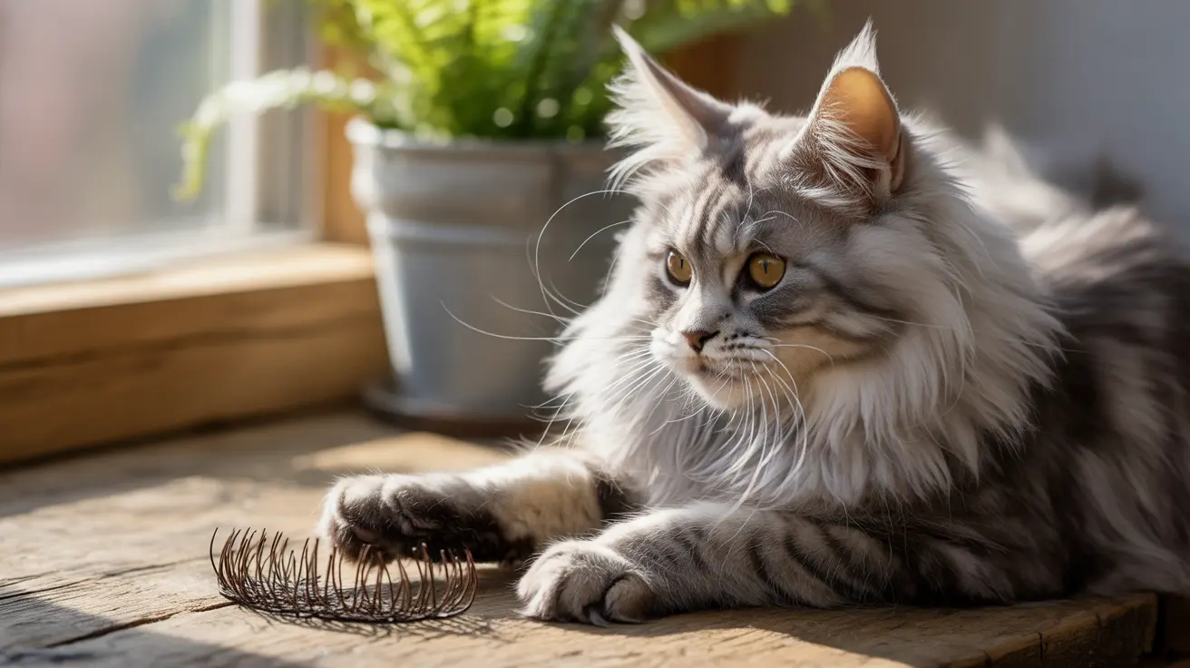 A majestic Maine Coon cat resting near a window with a plant and a metal wire object