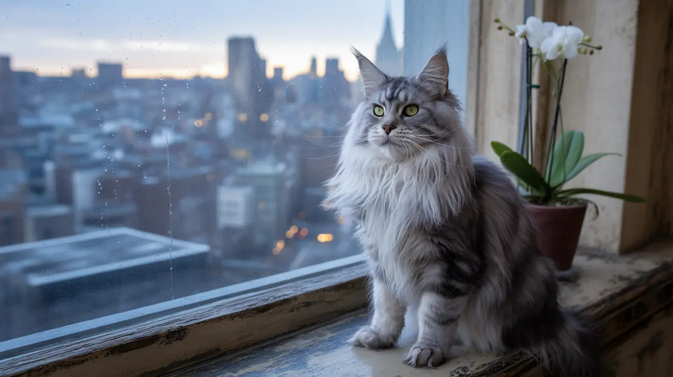 A majestic Maine Coon cat sitting on a windowsill, overlooking a city skyline at dusk.