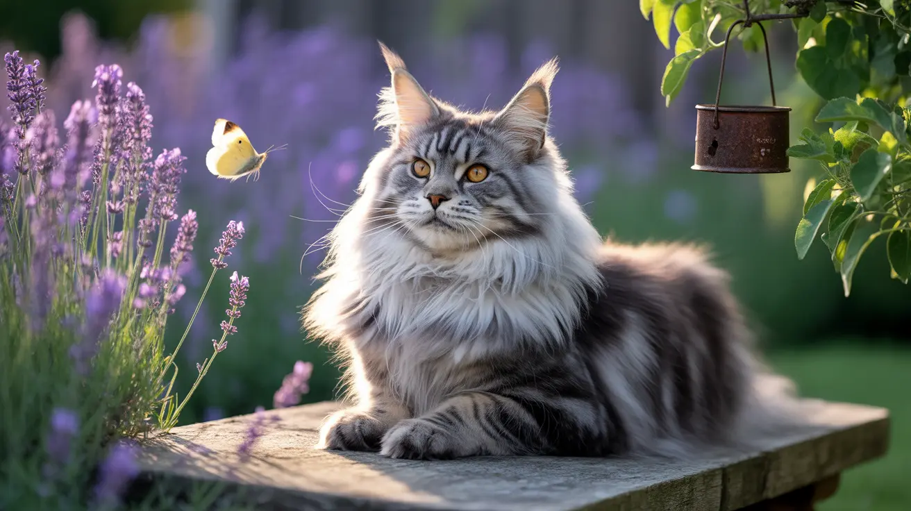 Majestic Maine Coon cat sitting on a wooden surface with lavender flowers and a butterfly nearby