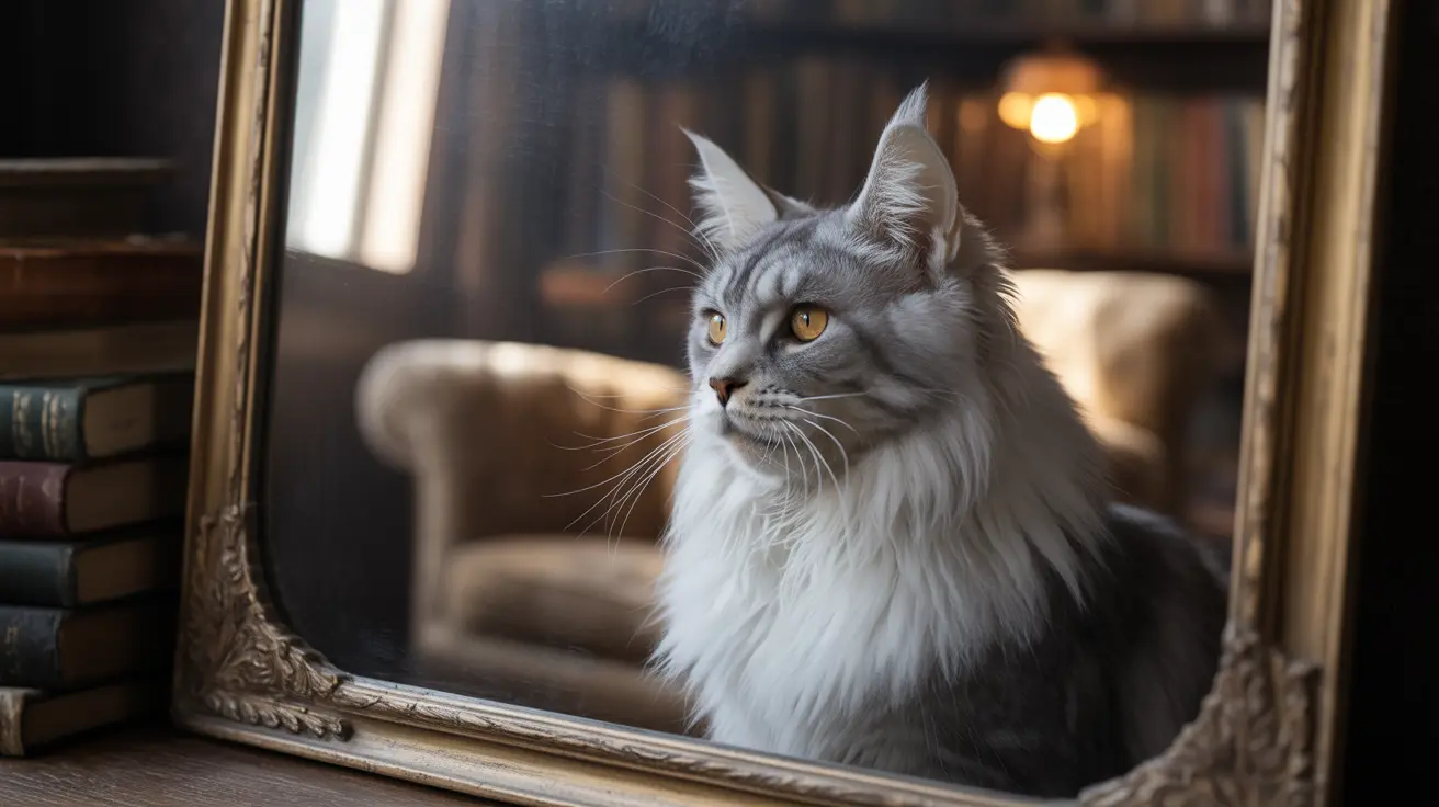 A majestic Maine Coon cat sitting elegantly in front of an ornate gold-framed mirror in a classic library setting.