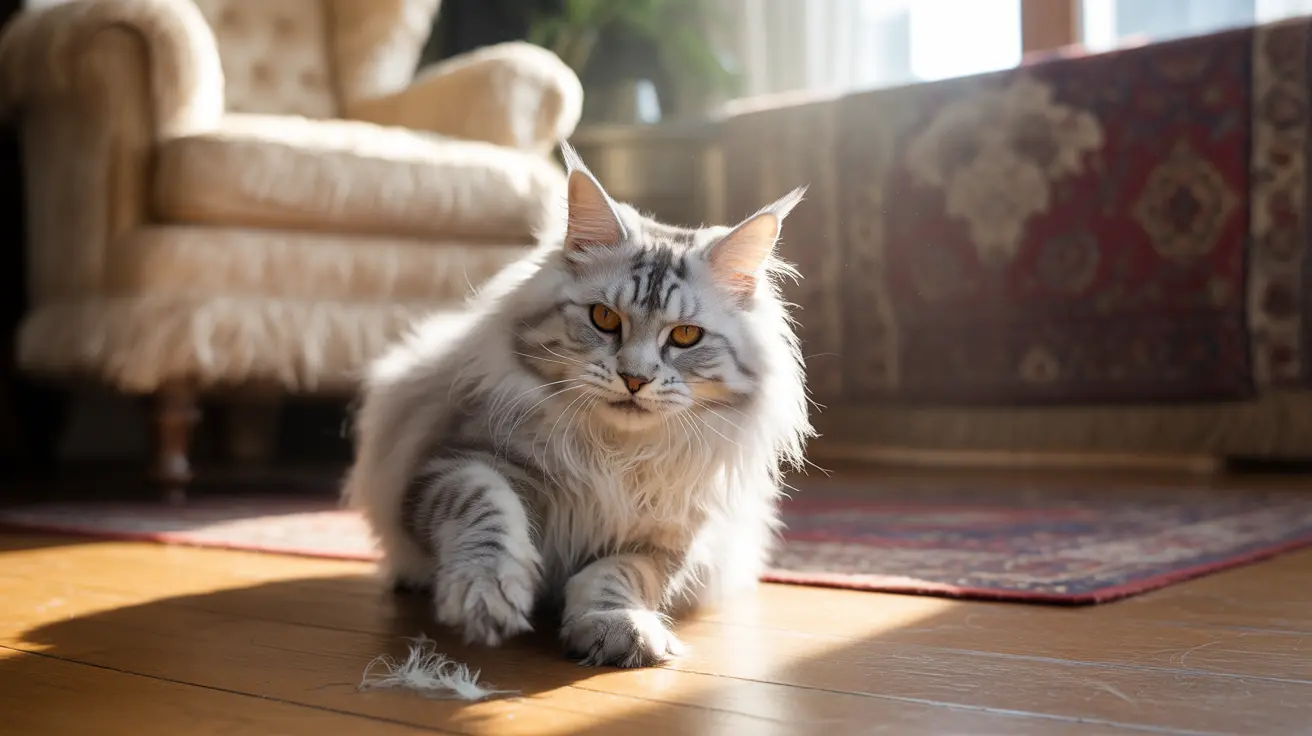 Un majestuoso gato Maine Coon sentado con porte regio sobre un piso de madera con la luz del sol iluminando su pelaje esponjoso