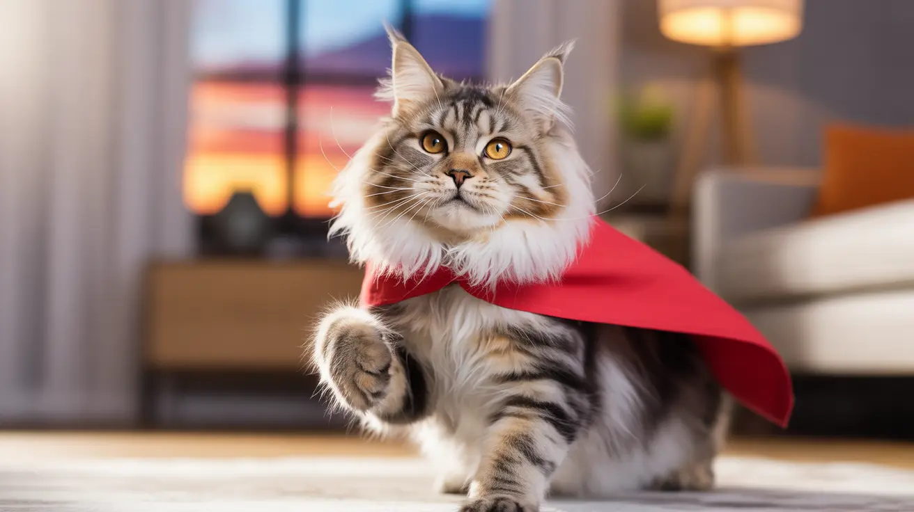 Majestic Maine Coon cat wearing a bright red superhero cape striking a heroic pose indoors