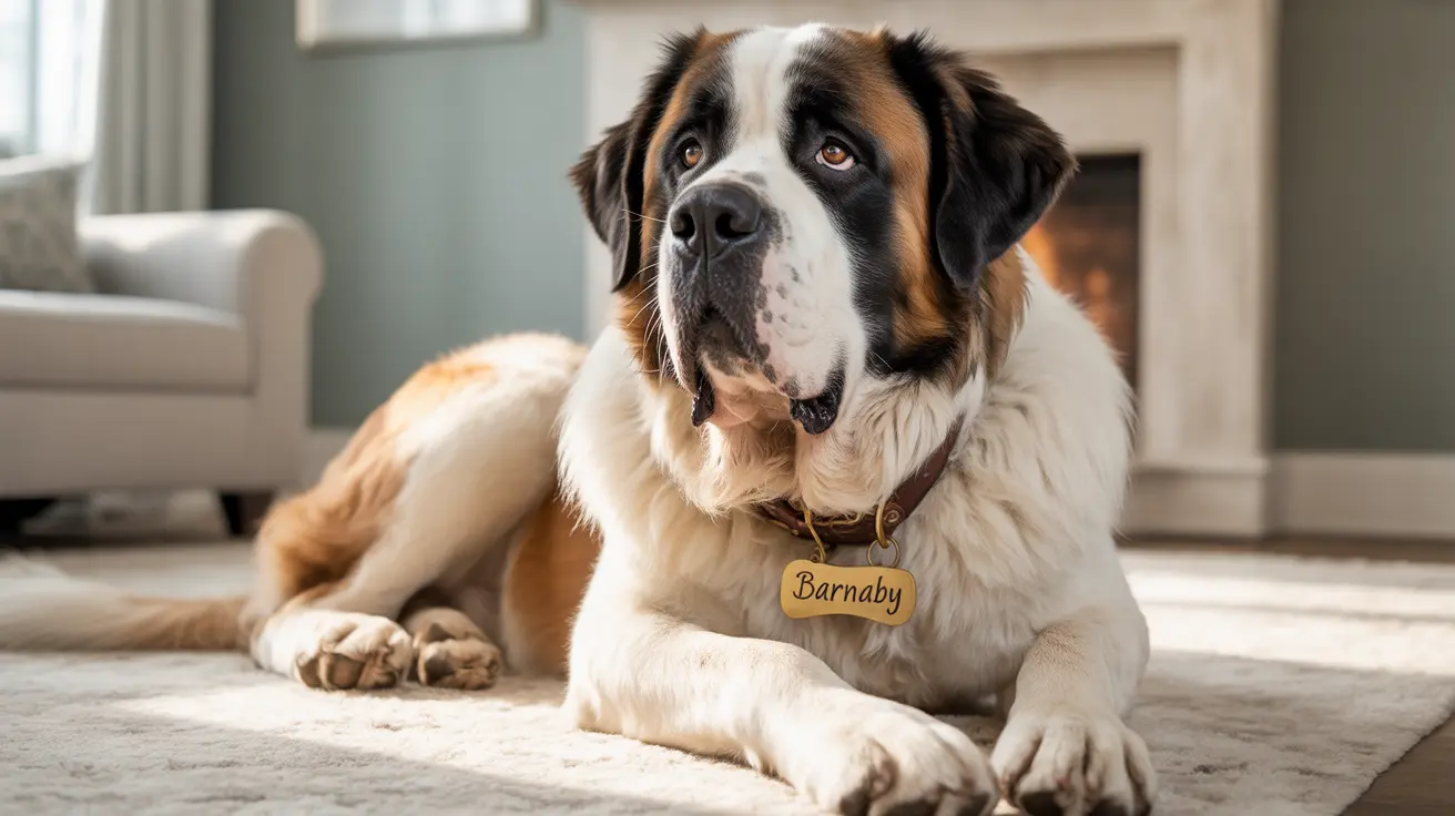 A majestic Saint Bernard dog lying calmly on a carpet in a cozy living room, wearing a name tag that reads 'Barnaby'.