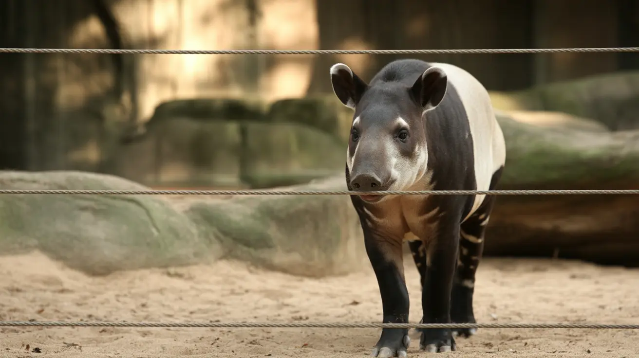 Malayan tapir walking through dense tropical rainforest habitat