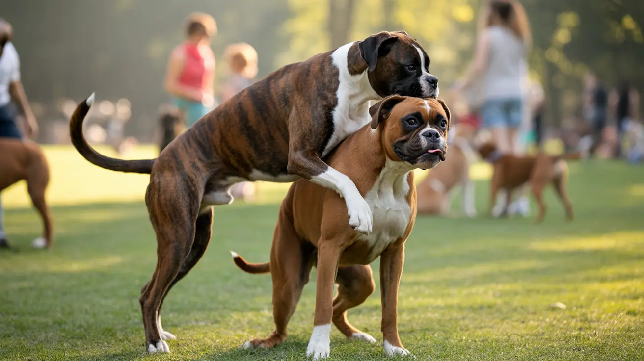 Two Boxer dogs on grassy field, one climbing on top in playful manner