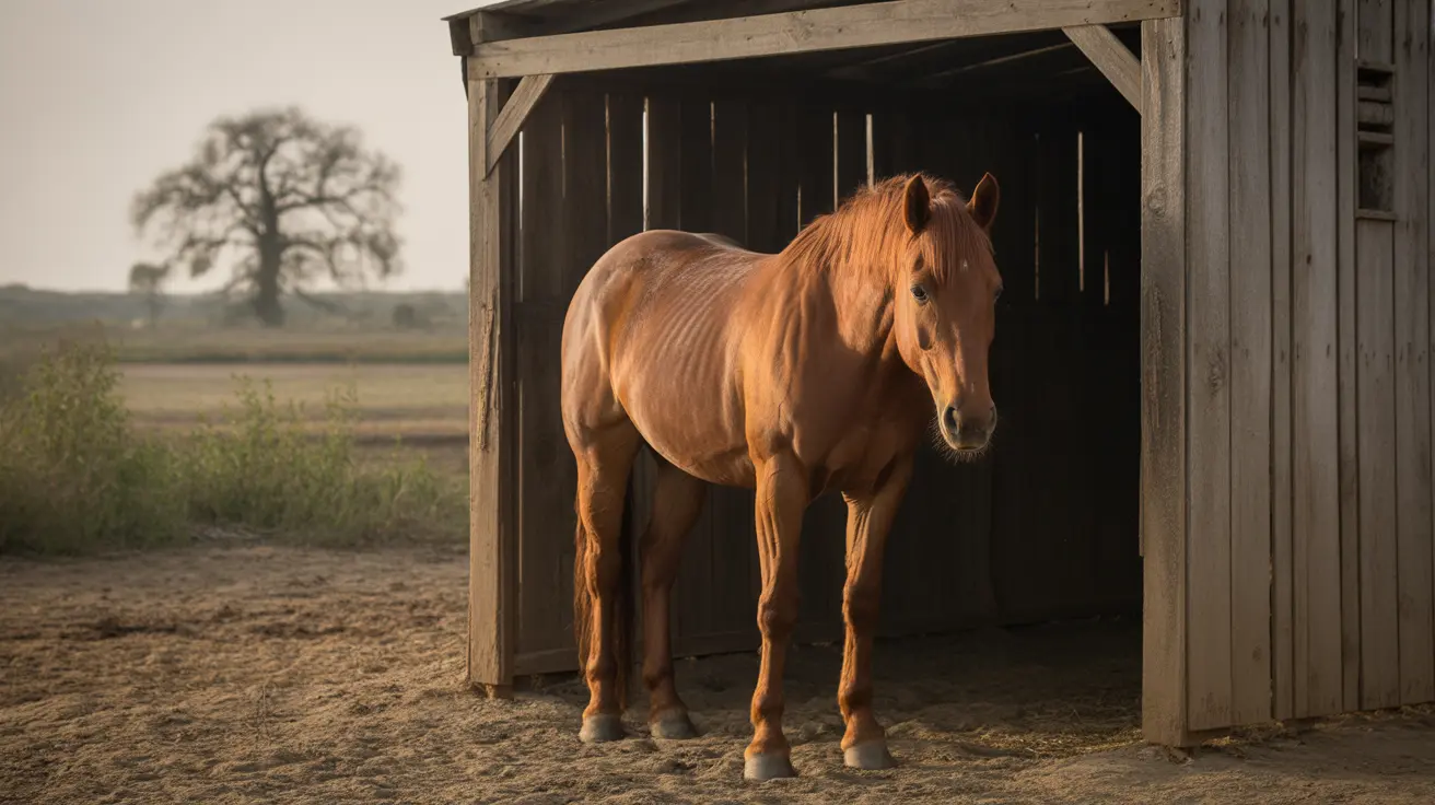 Severely malnourished horse tied up outdoors showing signs of neglect