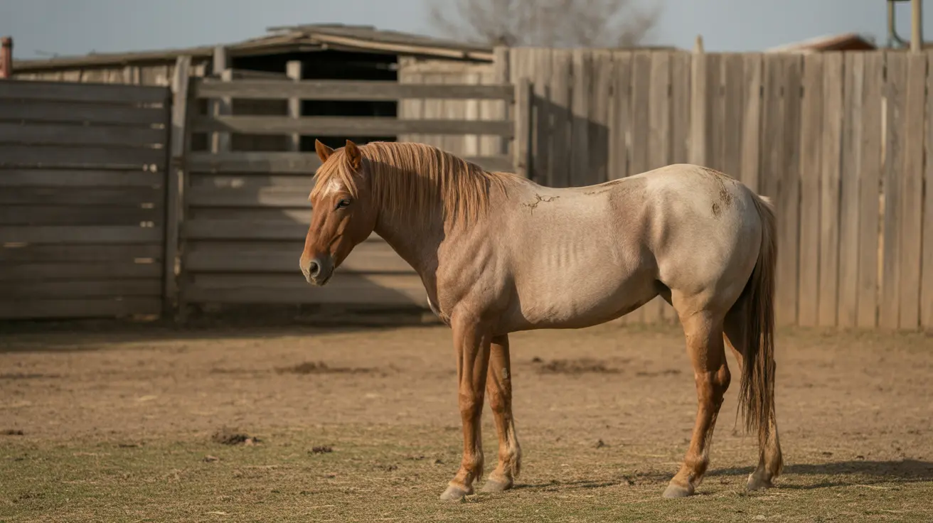 Malnourished horse showing ribs and poor coat condition at a private stable
