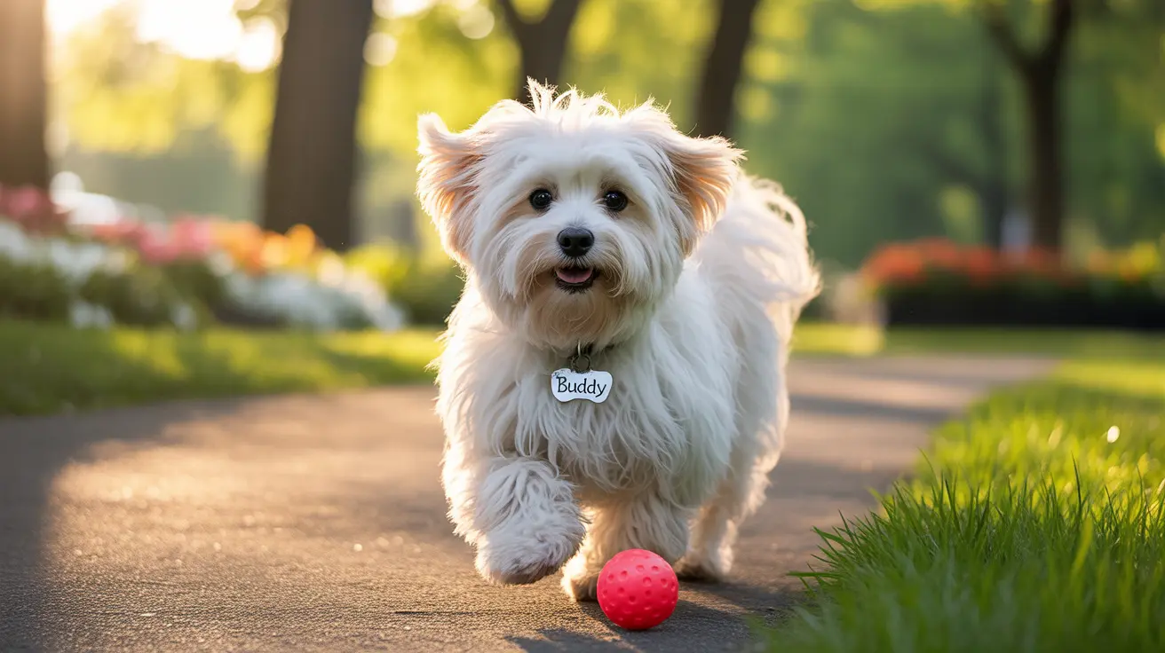 A fluffy white Maltese dog walking on a path with a red ball, wearing a name tag that says 'Buddy'.