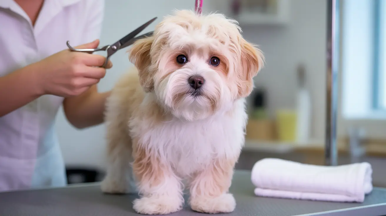 A fluffy white and cream-colored small dog standing on a grooming table during a haircut session