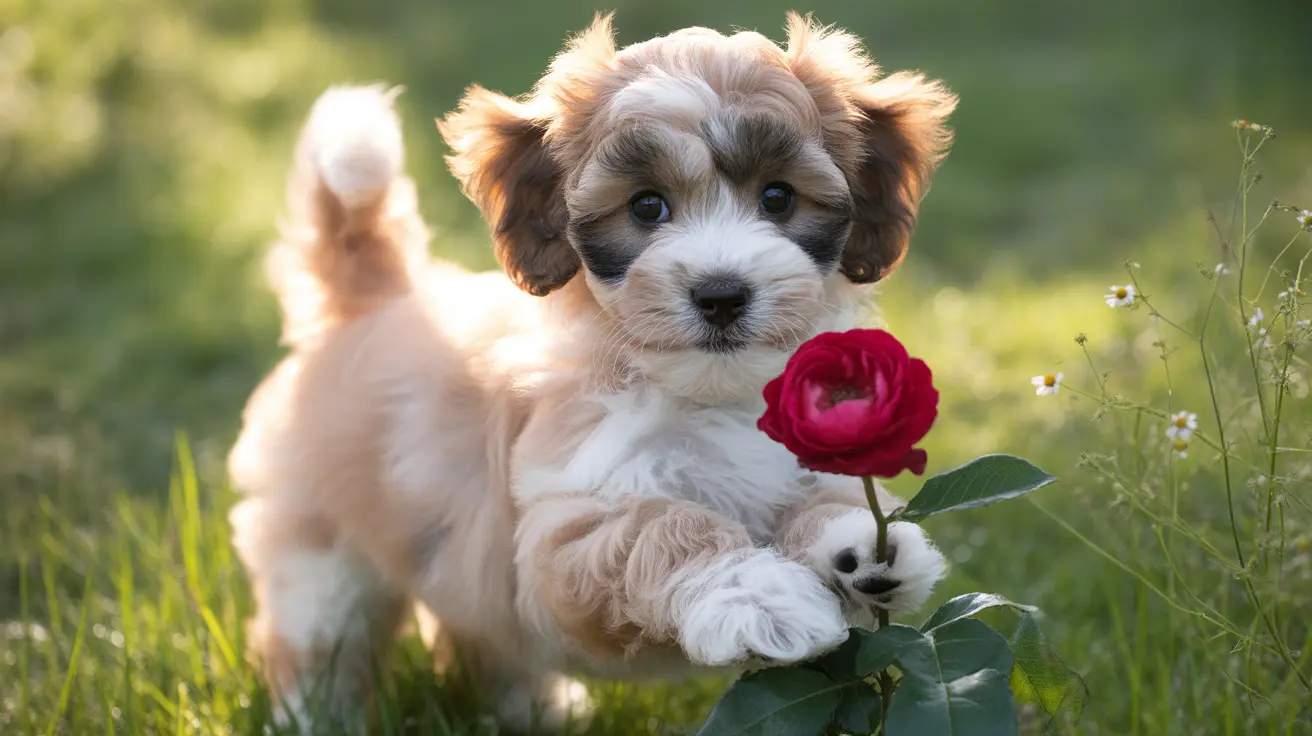 A fluffy white and brown puppy sitting in a grassy field, holding a vibrant red rose