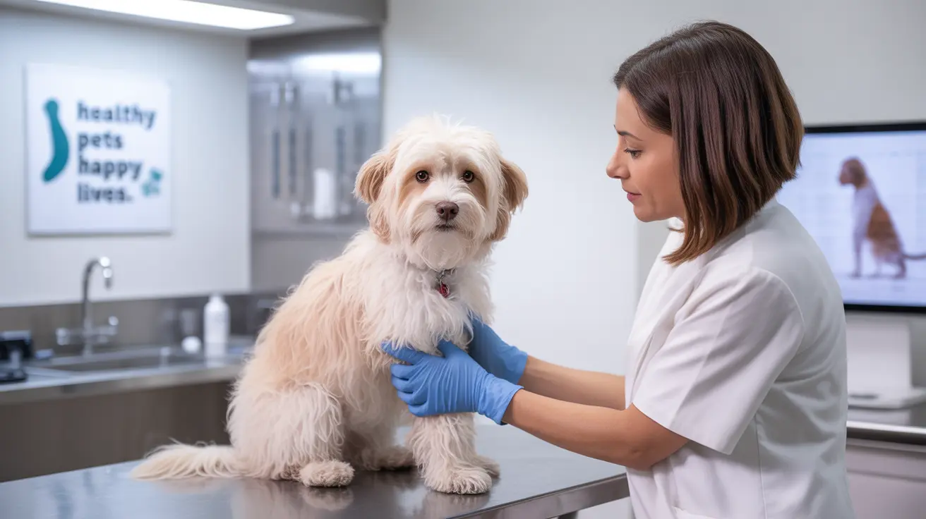 Un perro blanco y esponjoso recibiendo un examen veterinario en una mesa médica.