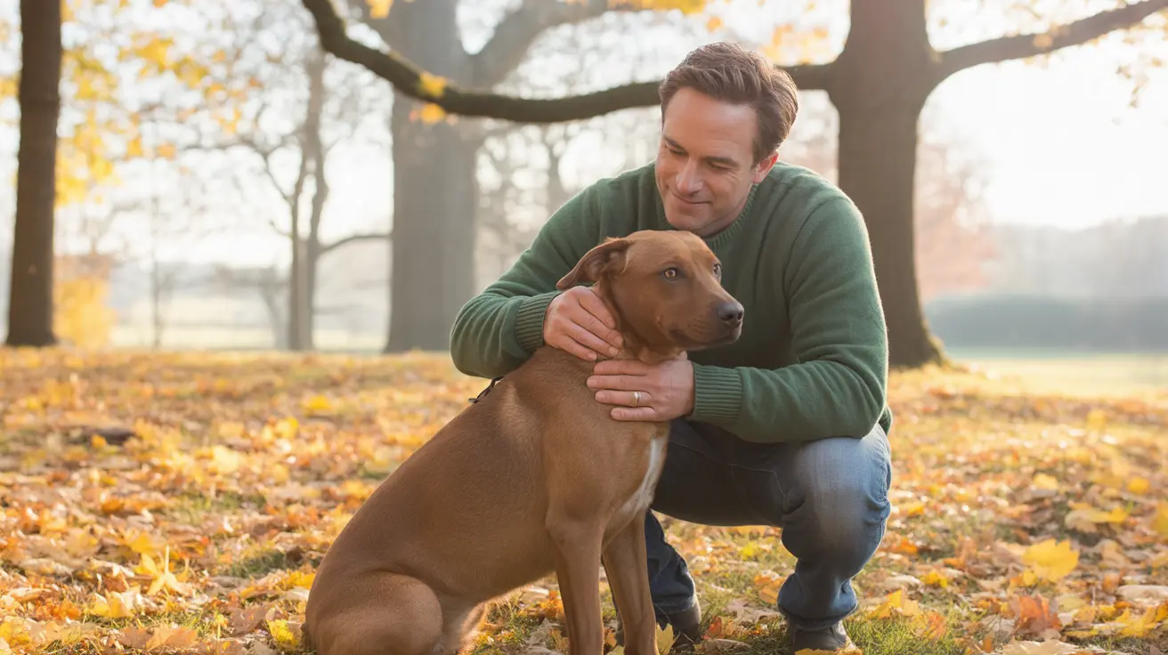 A person happily interacting with their pet dog, showcasing the human-animal bond