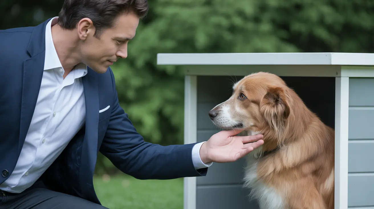 ビジネススーツの男性が裏庭のような場所で茶赤色と白の長毛中型犬を優しく撫でている様子