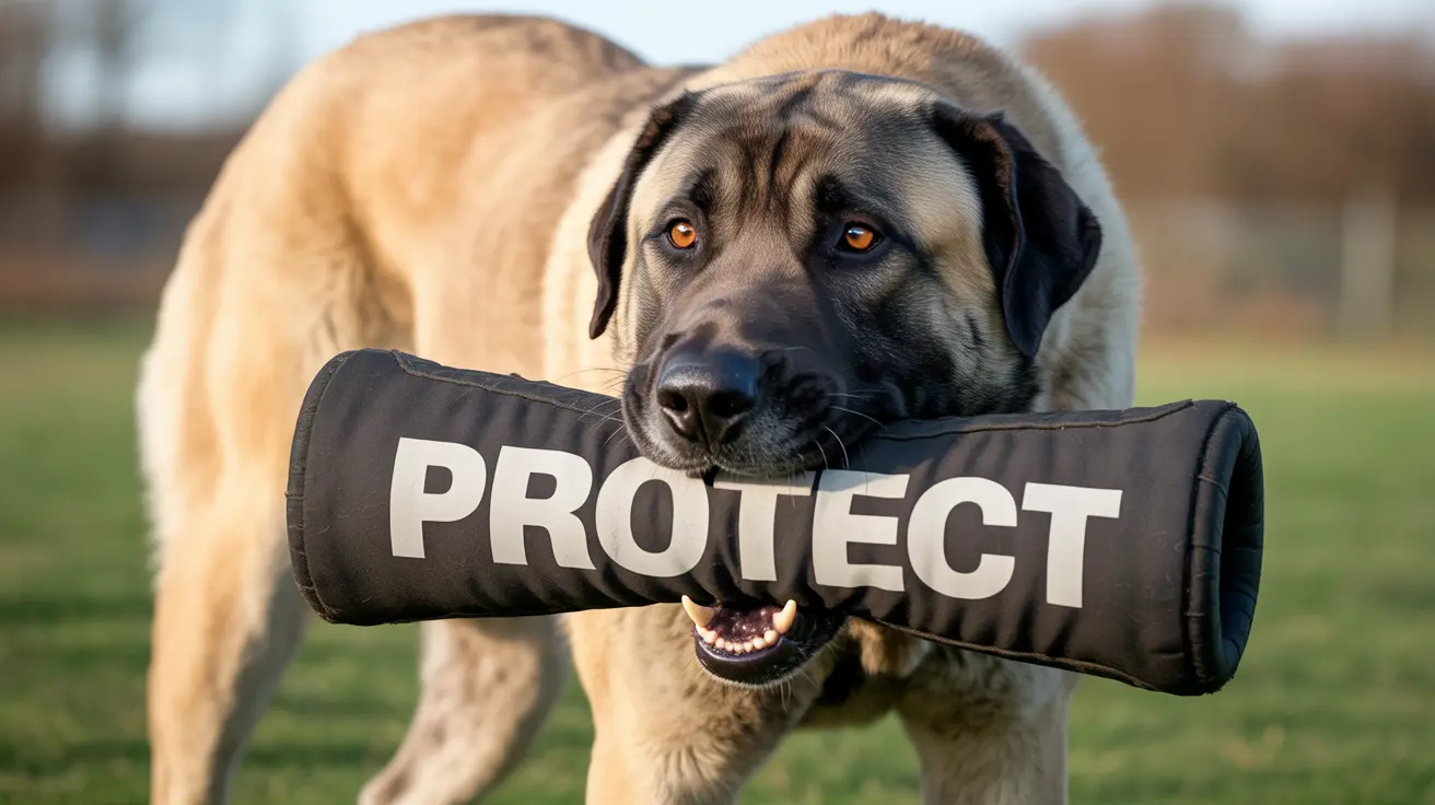 A strong Mastiff dog holding a training bite sleeve with the word 'PROTECT' printed on it