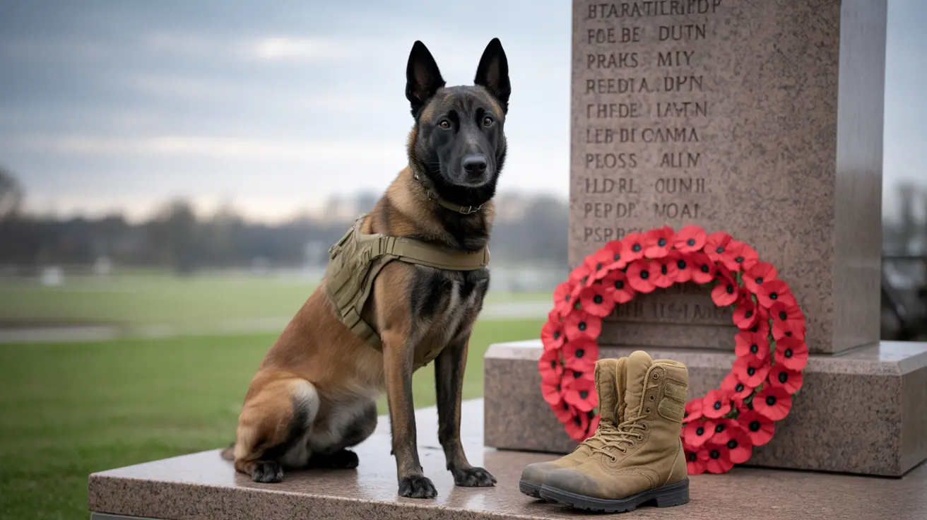 A military working dog standing alert with soldier in uniform