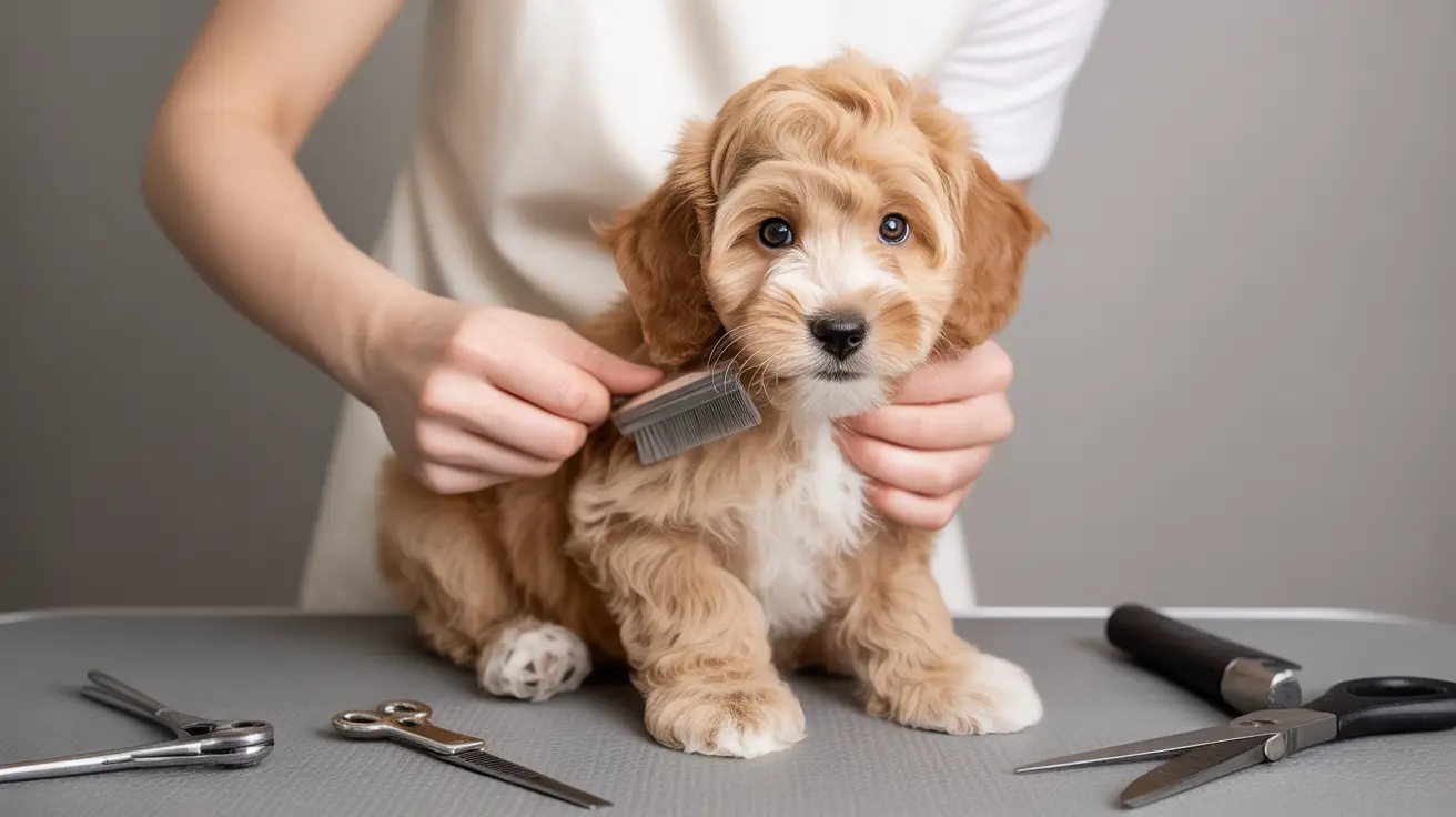 A fluffy golden and white puppy being groomed with a metal comb