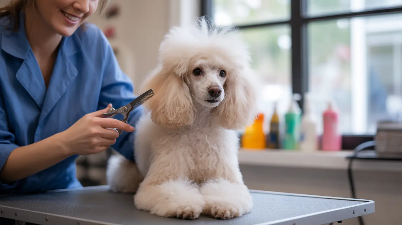 A white Poodle sitting calmly on a grooming table while a veterinary professional prepares to trim its fur