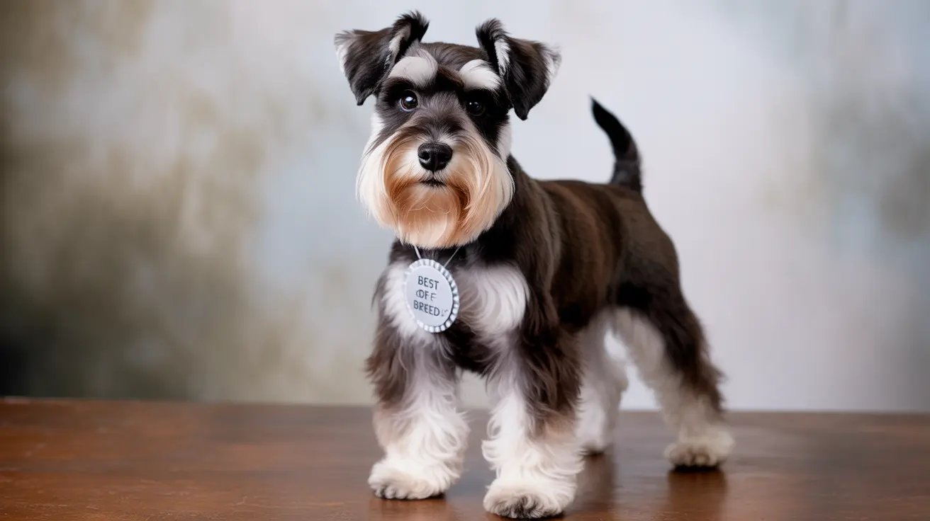 A well-groomed Miniature Schnauzer wearing a 'Best of Breed' badge, standing confidently on a wooden floor.