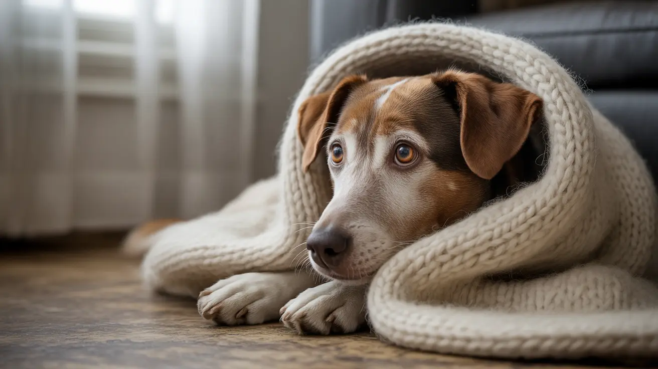 A fearful dog hiding during a fireworks display in the night