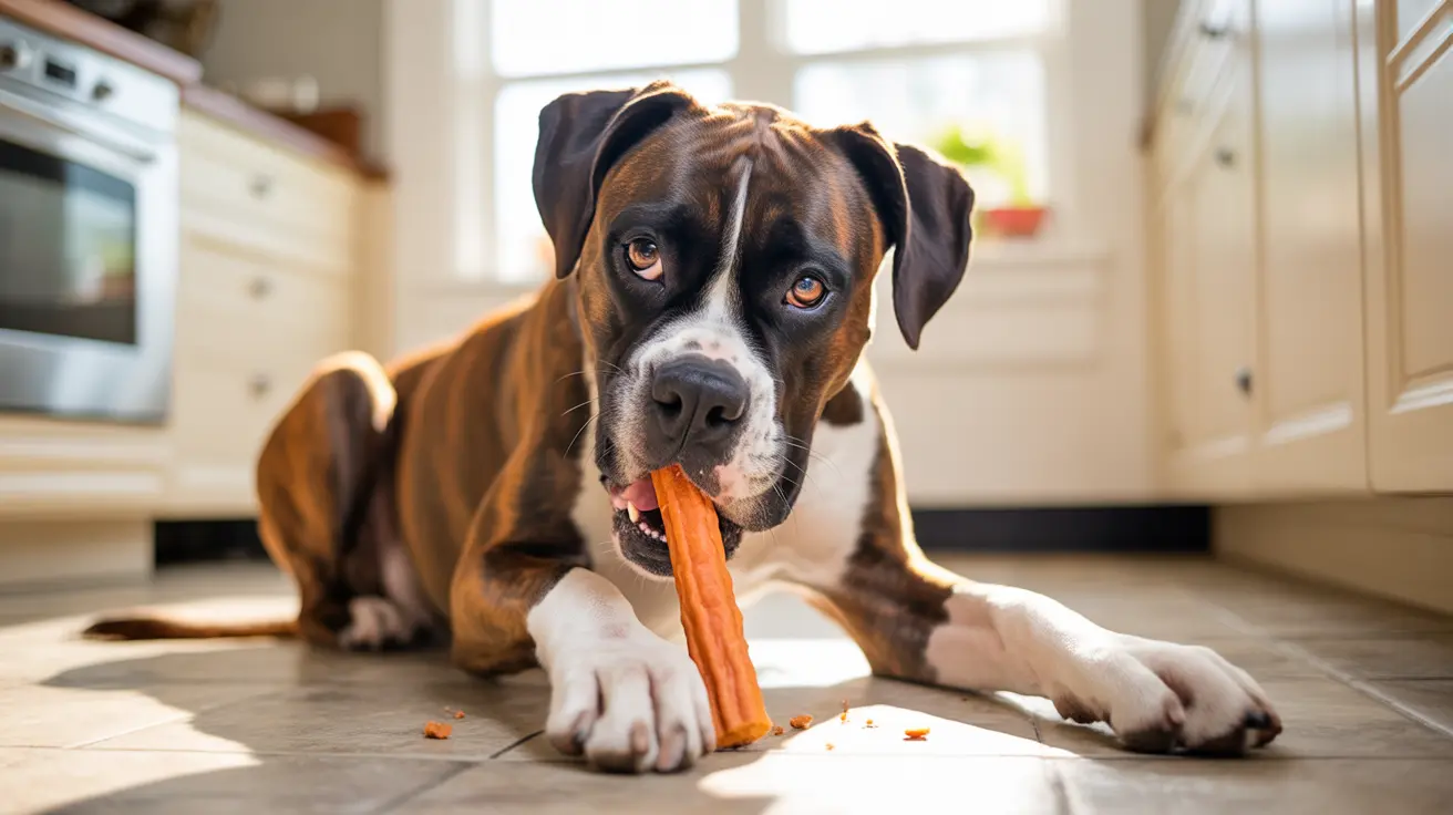 Mixed breed dog with boxer features chewing on an orange carrot on kitchen floor