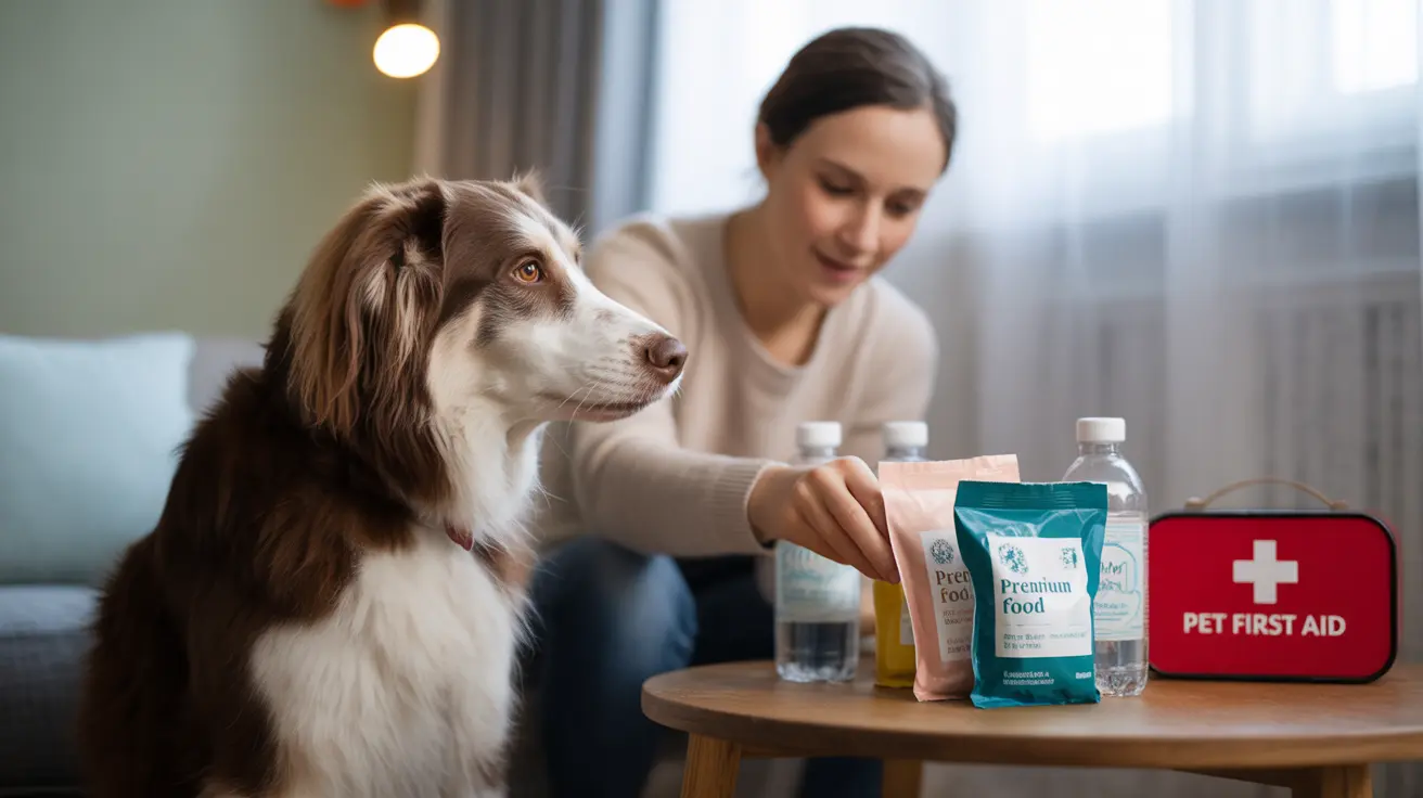 An Australian Shepherd sits attentively beside a person preparing pet food and supplies
