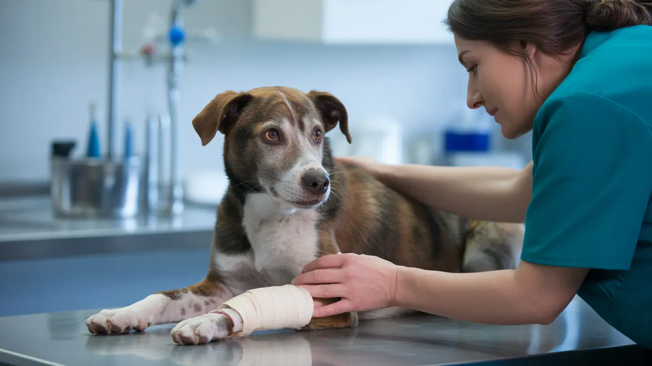 Injured dog receiving emergency veterinary treatment at animal shelter