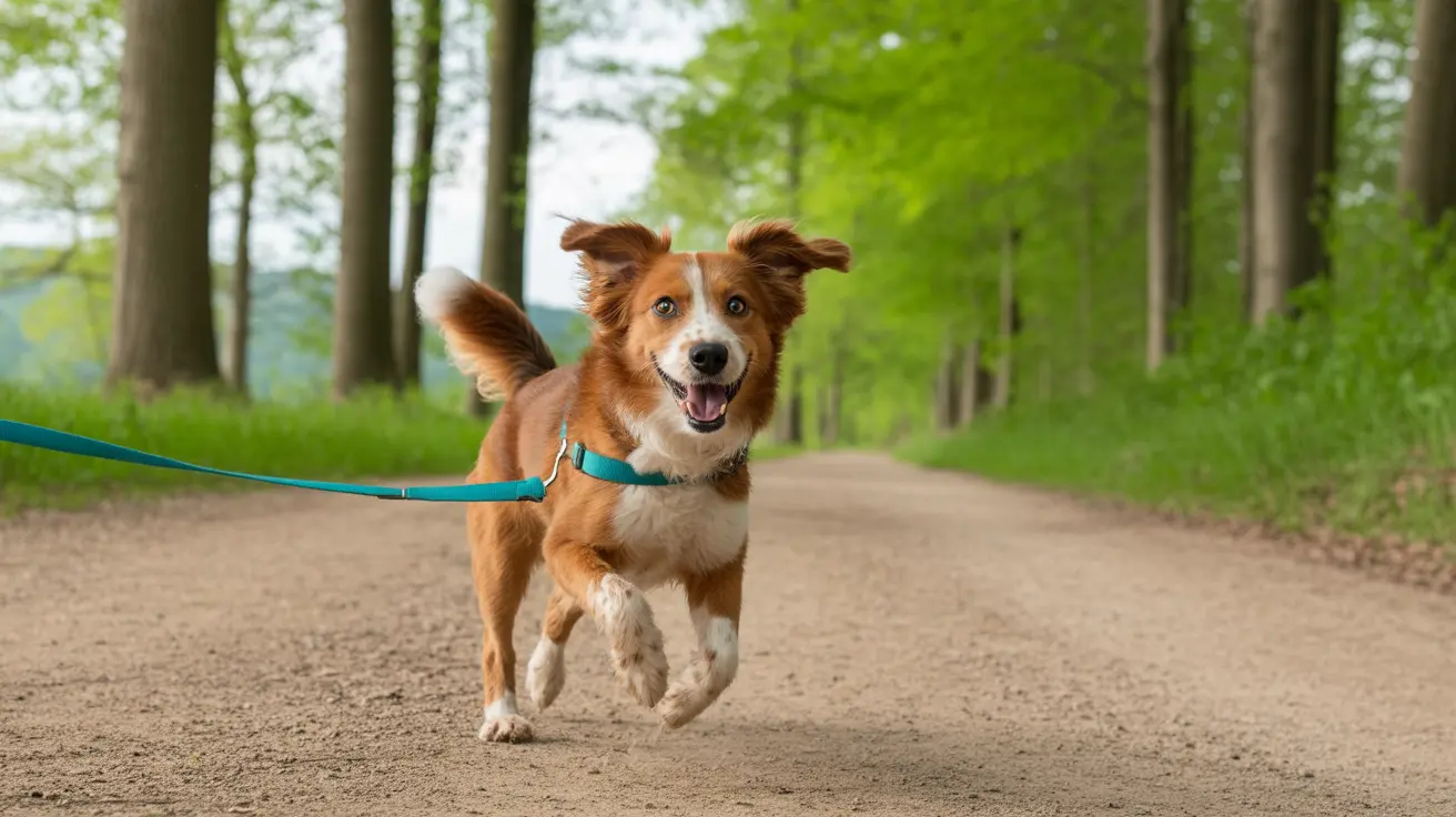 Dog hiking on a scenic trail in Hocking Hills State Park surrounded by forest and rock formations