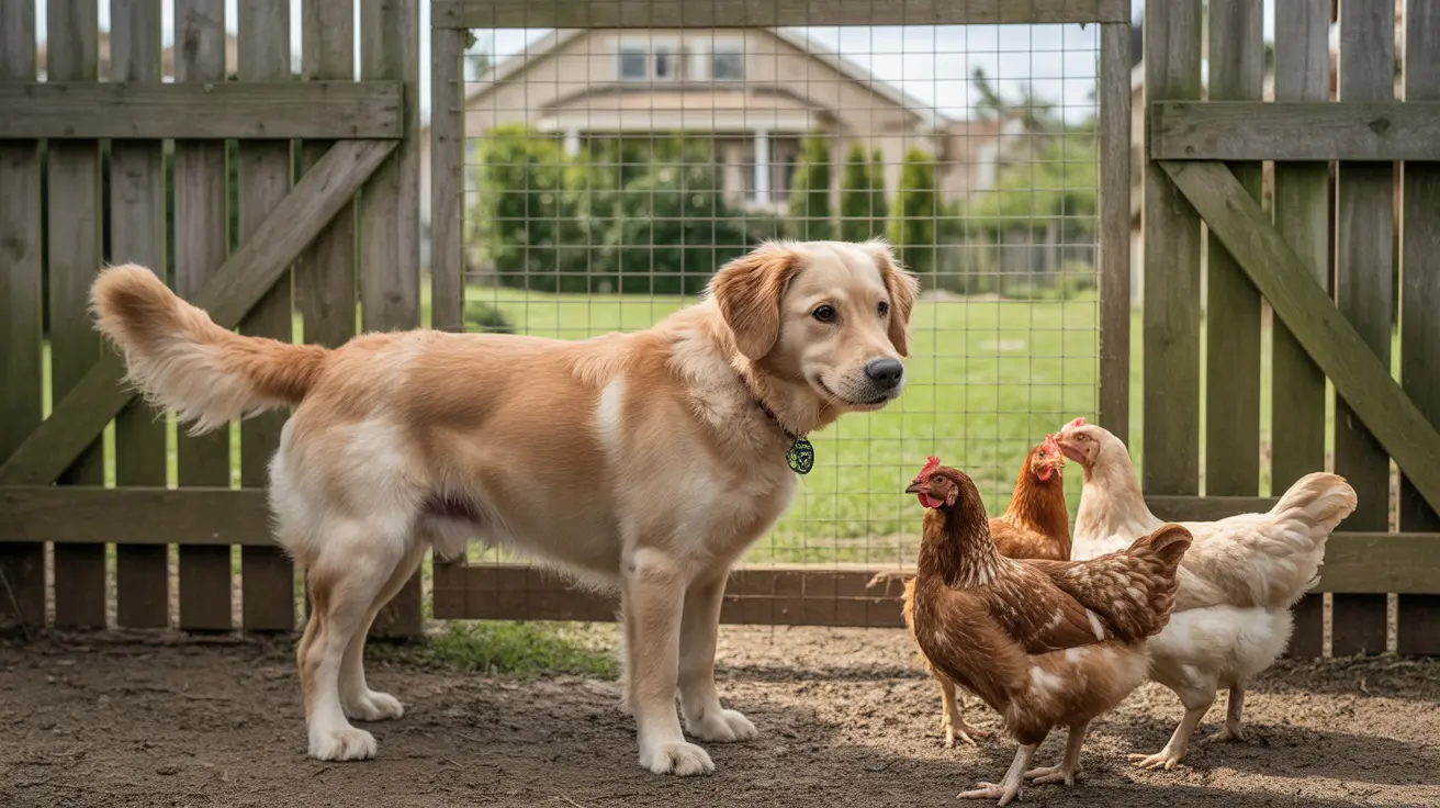 Dog in a suburban backyard with livestock and pets nearby