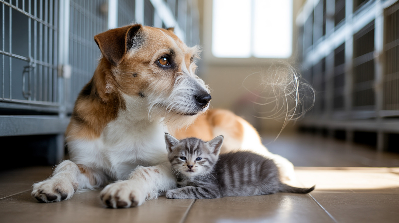 Happy dogs and cats in a Louisiana animal shelter promoting kindness and adoption