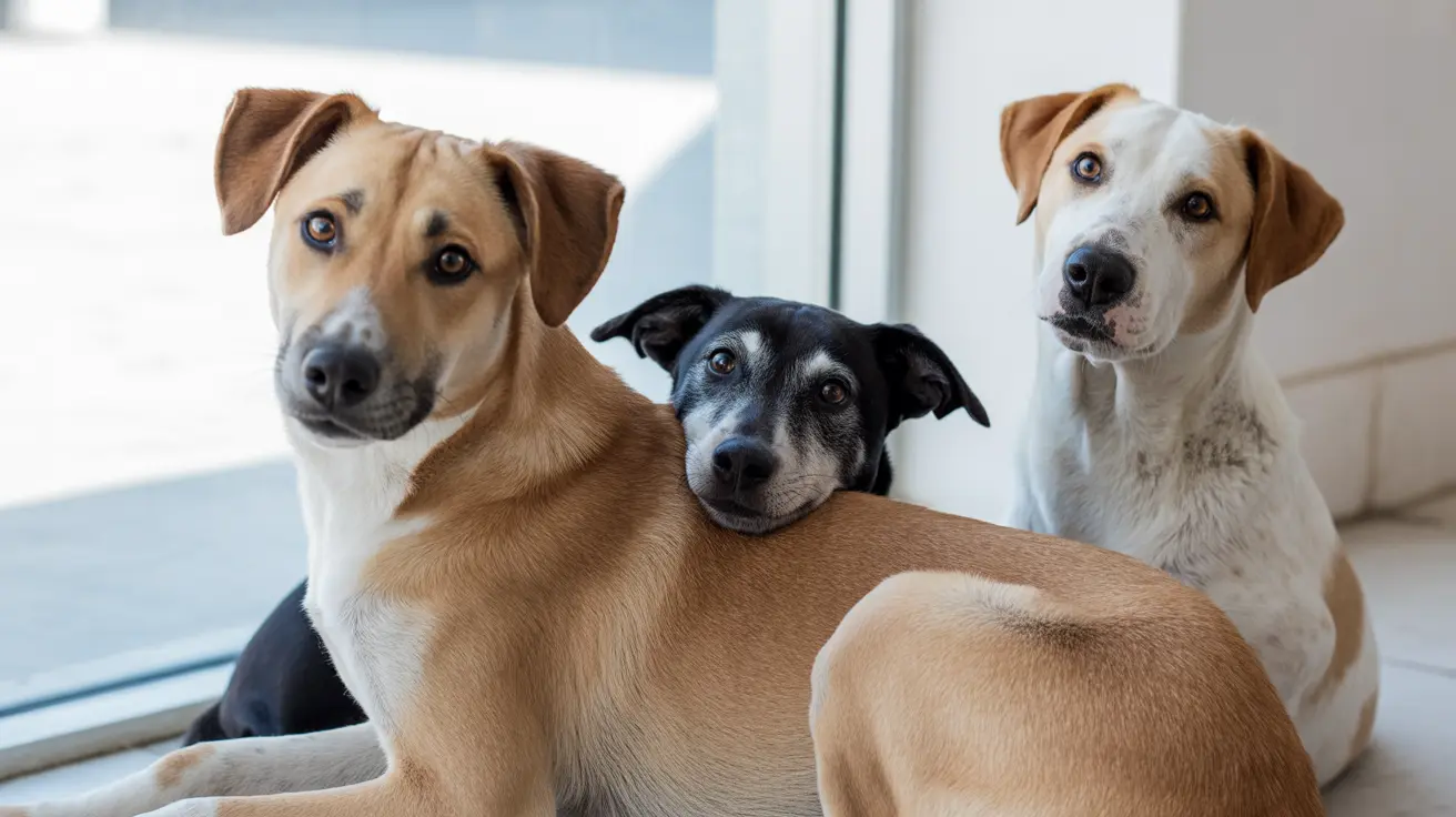 異なる色の三匹の犬が窓のそばで一緒に座り、親密で愛情のあるポーズをとっている