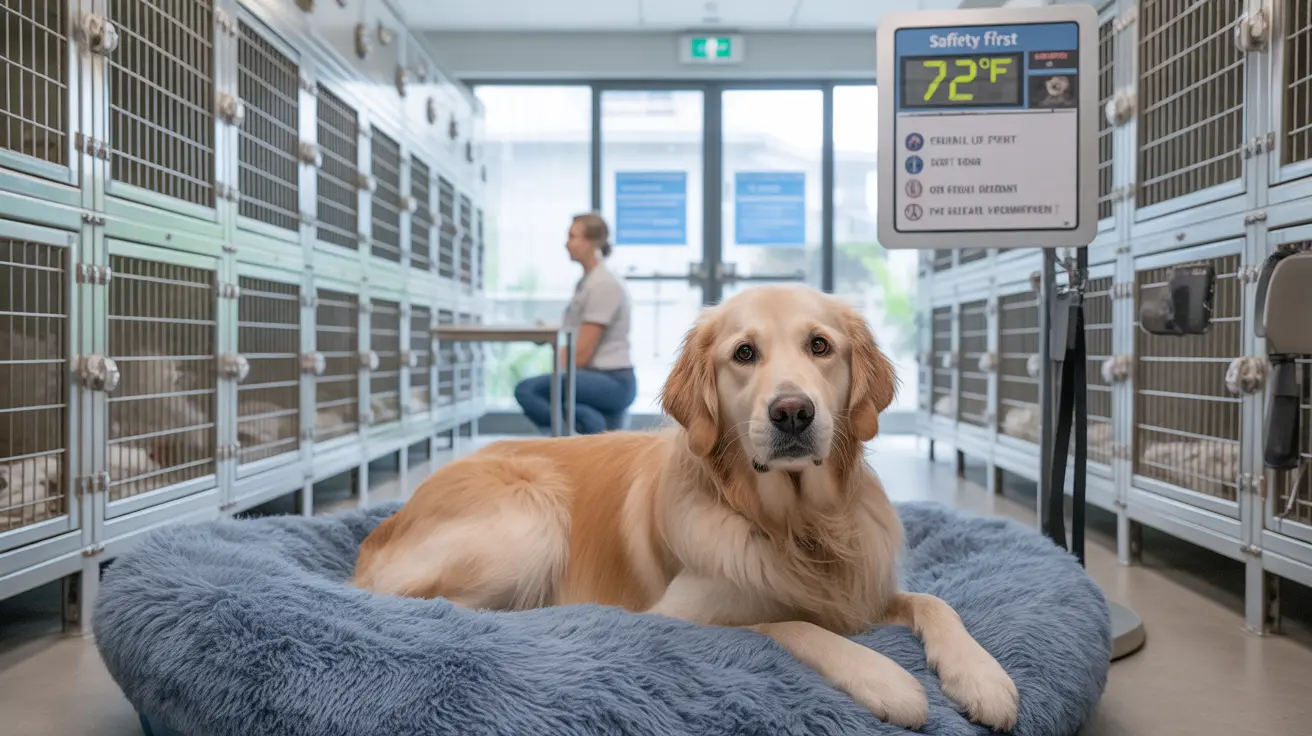 Golden Retriever resting comfortably on a soft gray bed inside a veterinary kennel area